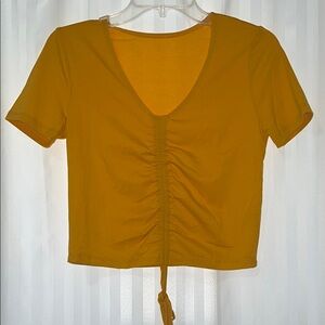 SHEIN Mustard Yellow Ruched V-Neck Crop Top w/Adjustable Pull String